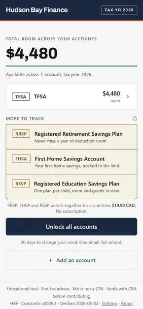 The app's home screen: total room across your accounts, a TFSA row with $4,480 of room, RRSP, FHSA and RESP listed under 'More to track' with the one-time $19.99 unlock, and the line '30 days to change your mind. One email, full refund.'
