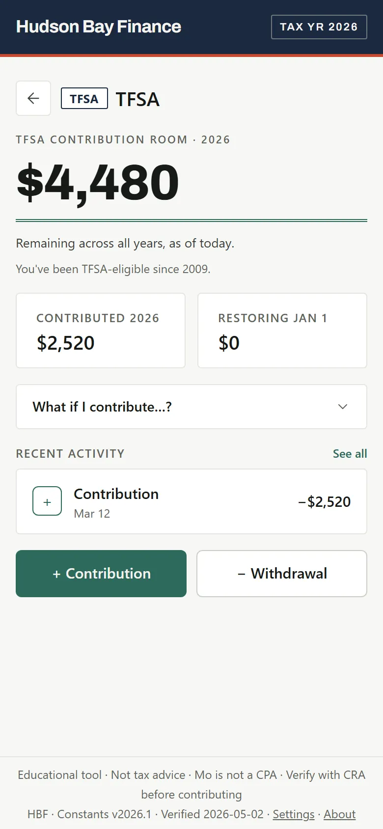 A real capture of the app's TFSA screen: $4,480 of contribution room remaining for 2026, $2,520 contributed, with the note "Educational tool · Not tax advice".